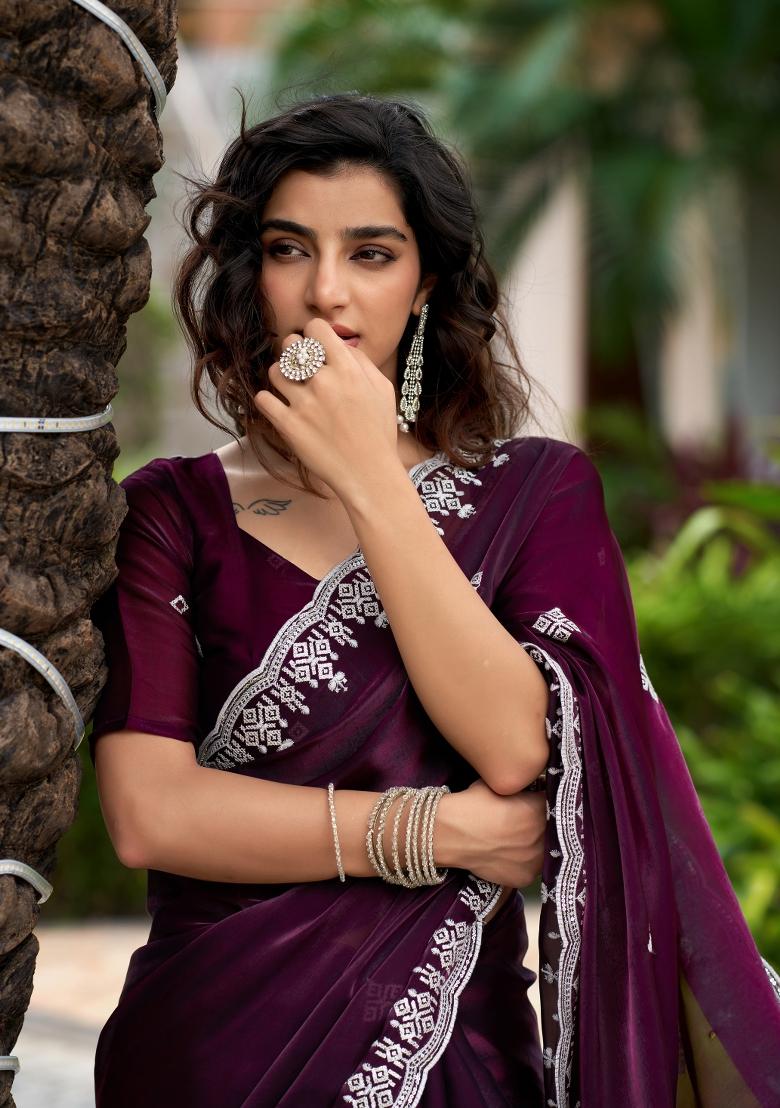 Wine Embroidered Chiffon Saree Set - Indya