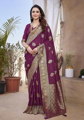 Wine Woven Design Silk Saree Set
