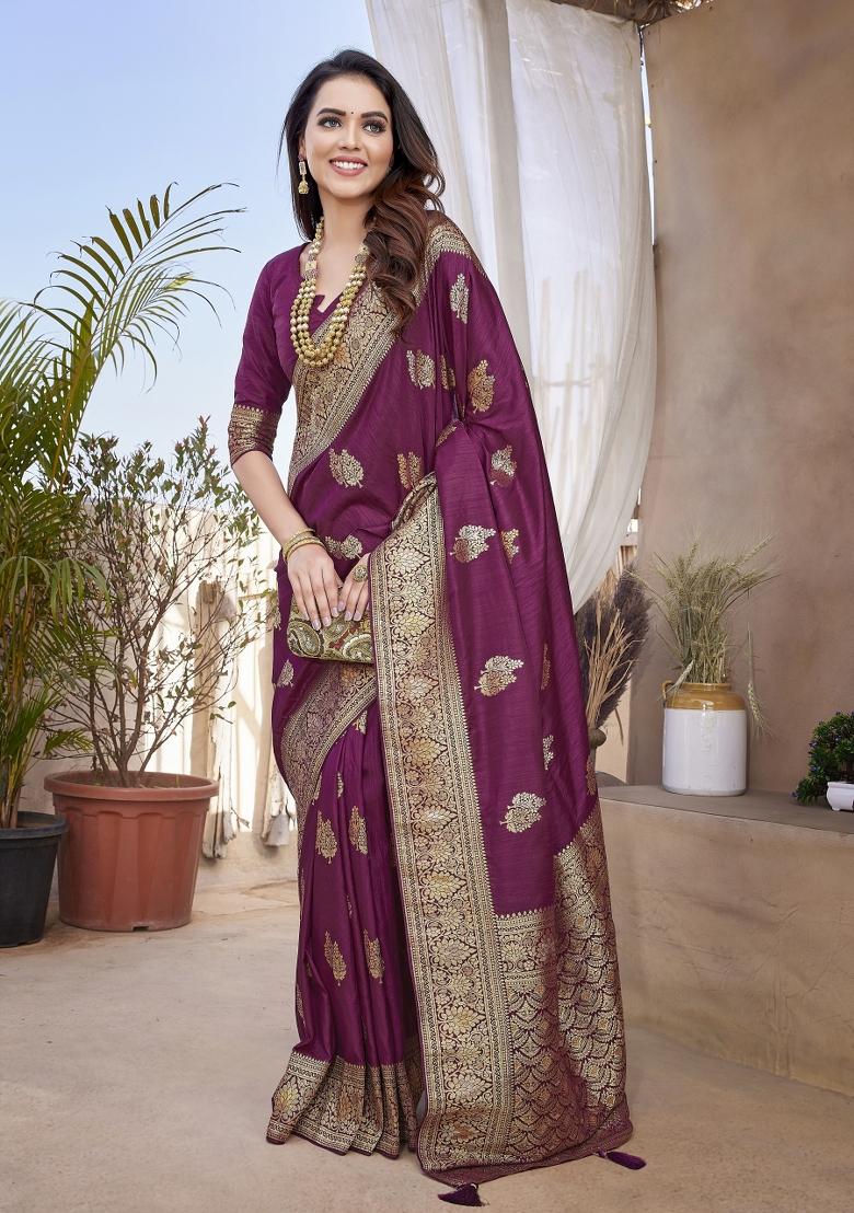 Wine Woven Design Silk Saree Set - Indya