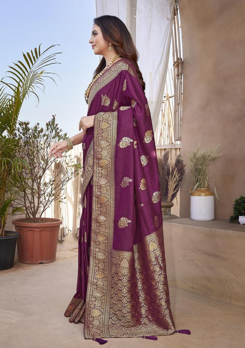 Wine Woven Design Silk Saree Set - Indya