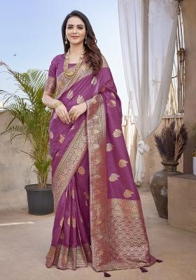 Purple Woven Design Silk Saree Set