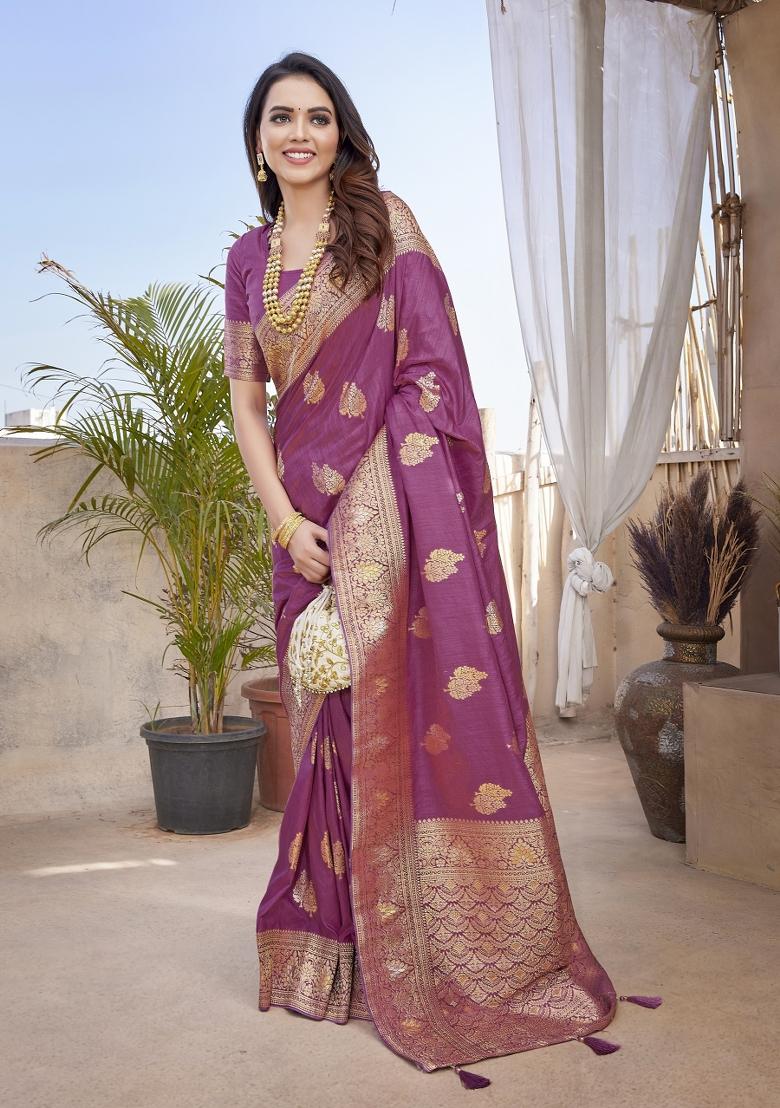 Purple Woven Design Silk Saree Set - Indya
