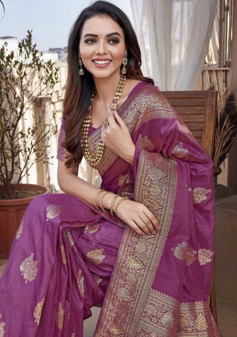 Purple Woven Design Silk Saree Set - Indya