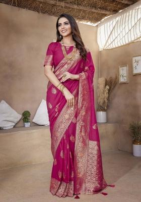 Rani Pink Woven Design Silk Saree Set