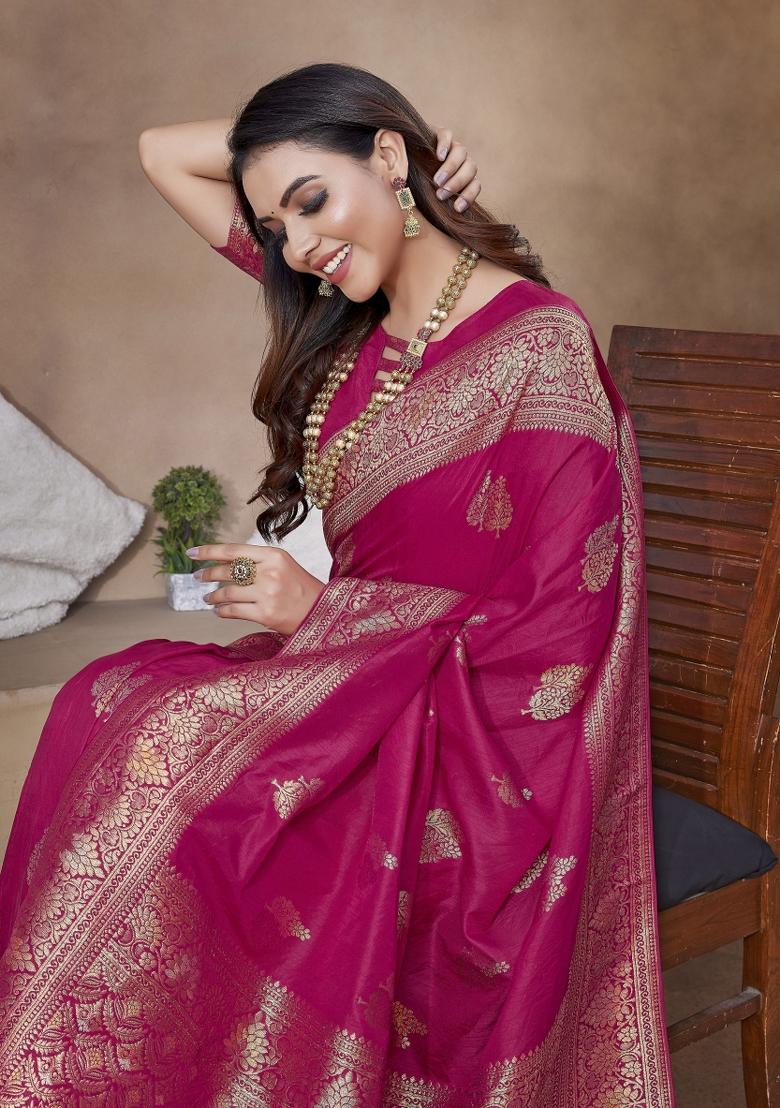 Rani Pink Woven Design Silk Saree Set - Indya