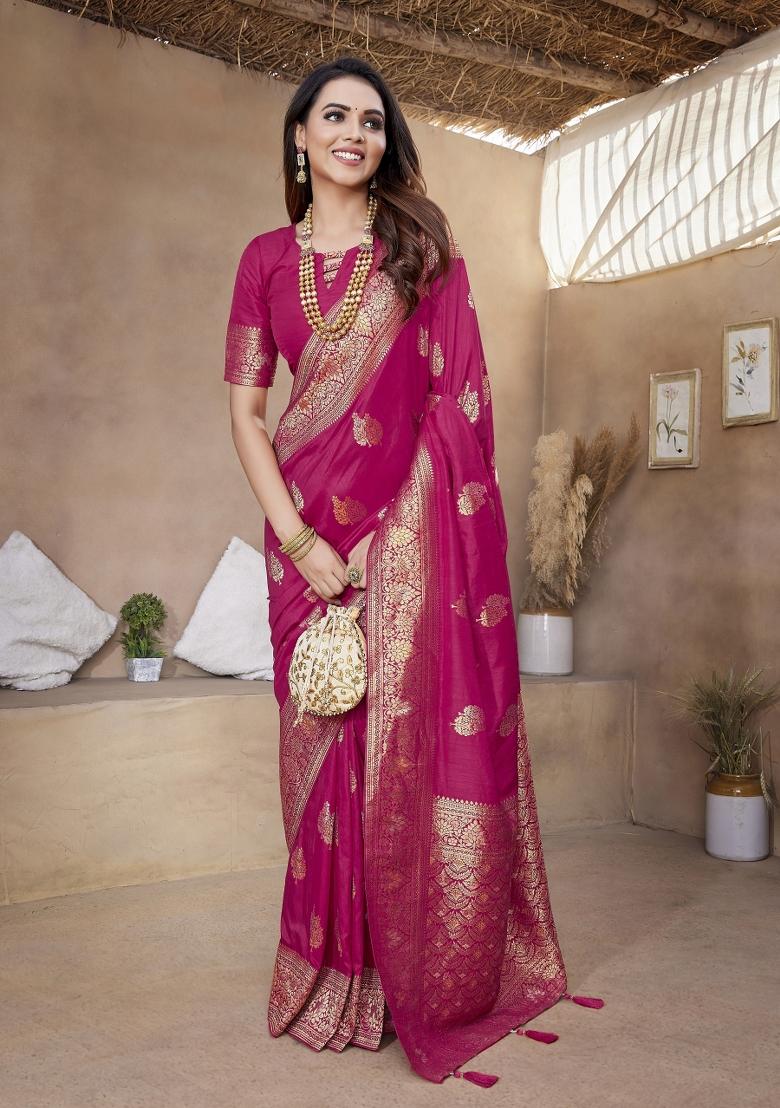 Rani Pink Woven Design Silk Saree Set - Indya