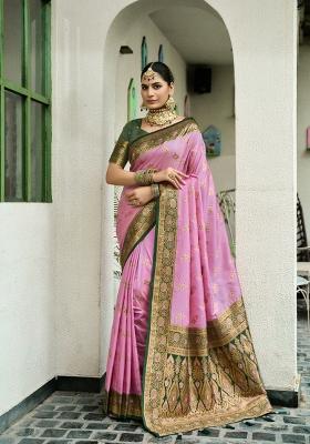 Baby Pink Woven Design Silk Saree Set