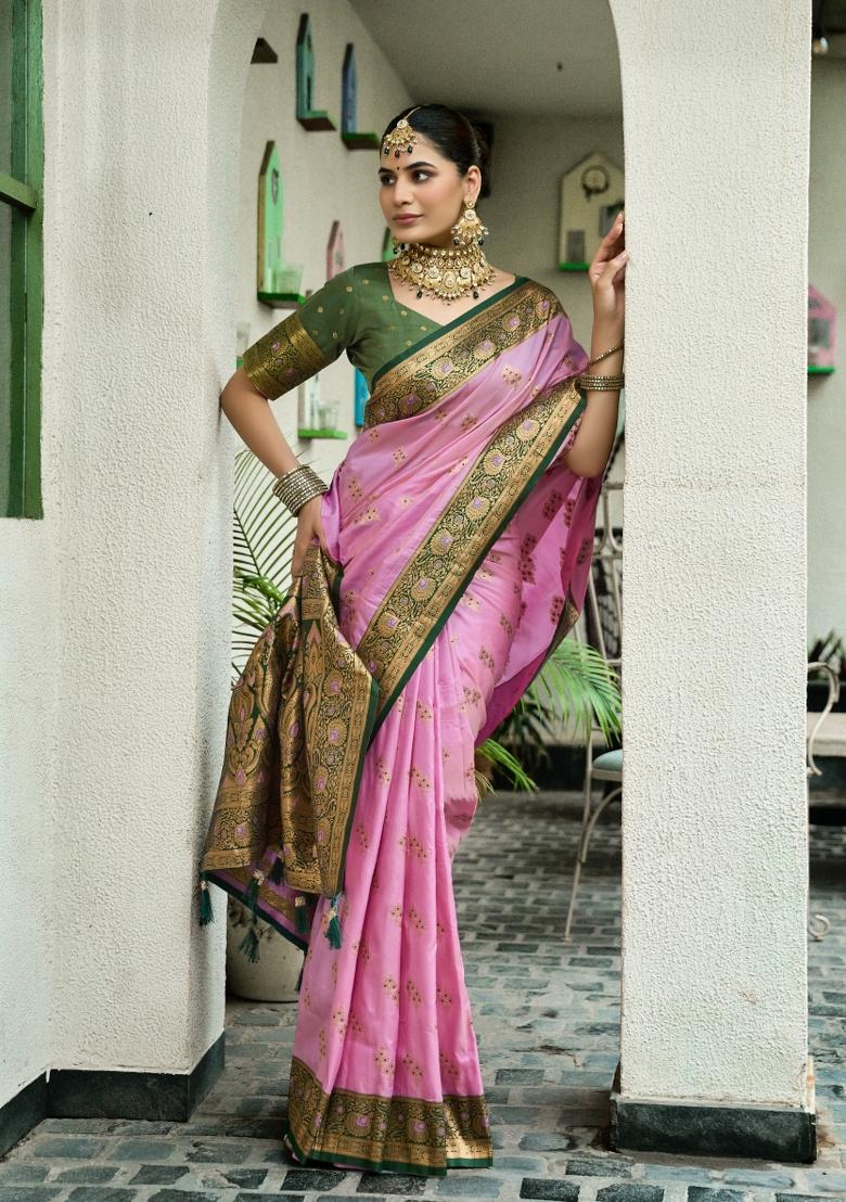 Baby Pink Woven Design Silk Saree Set - Indya