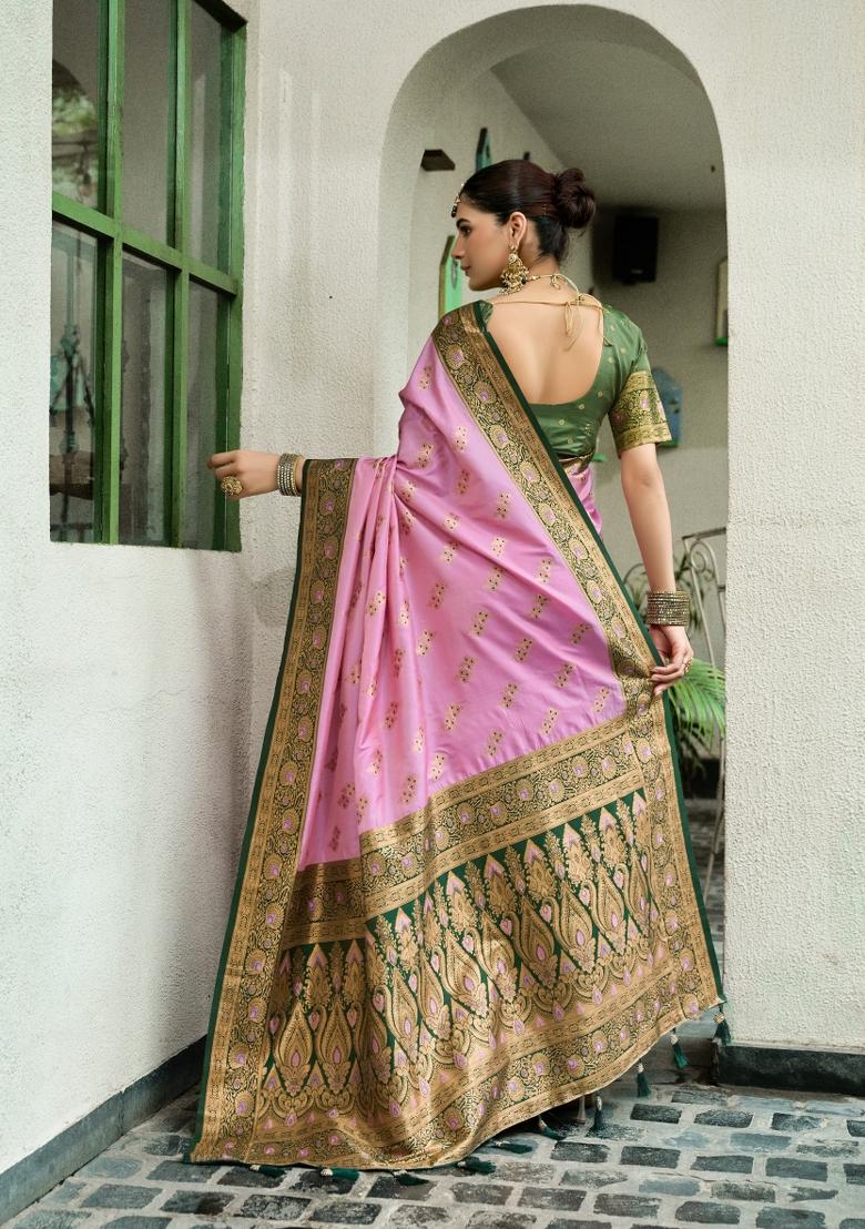 Baby Pink Woven Design Silk Saree Set - Indya
