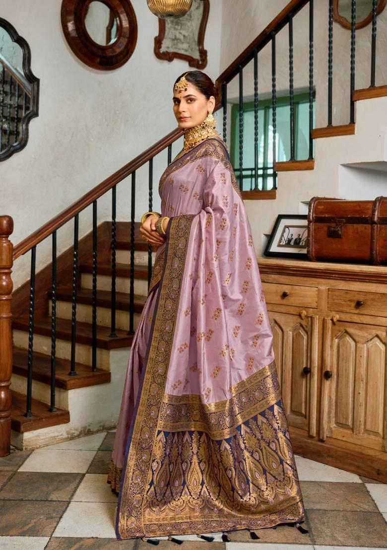 Light Lavender Woven Design Silk Saree Set - Indya