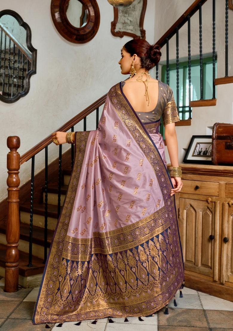 Light Lavender Woven Design Silk Saree Set - Indya