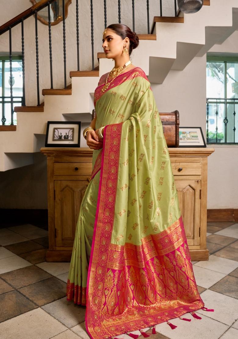 Light Green Woven Design Silk Saree Set - Indya