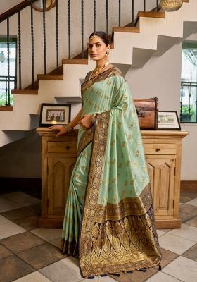 Sea Green Woven Design Silk Saree Set