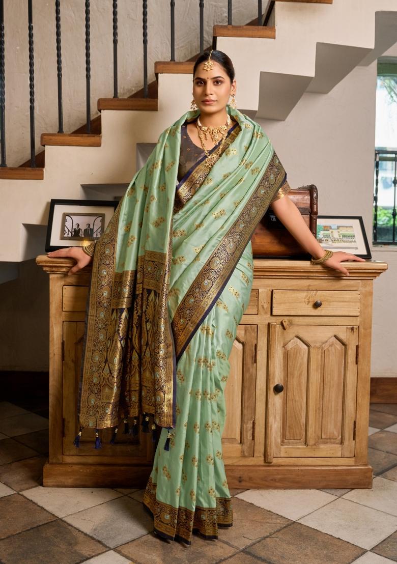 Sea Green Woven Design Silk Saree Set - Indya