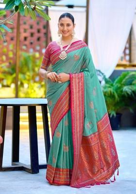 Teal Woven Design Silk Saree Set