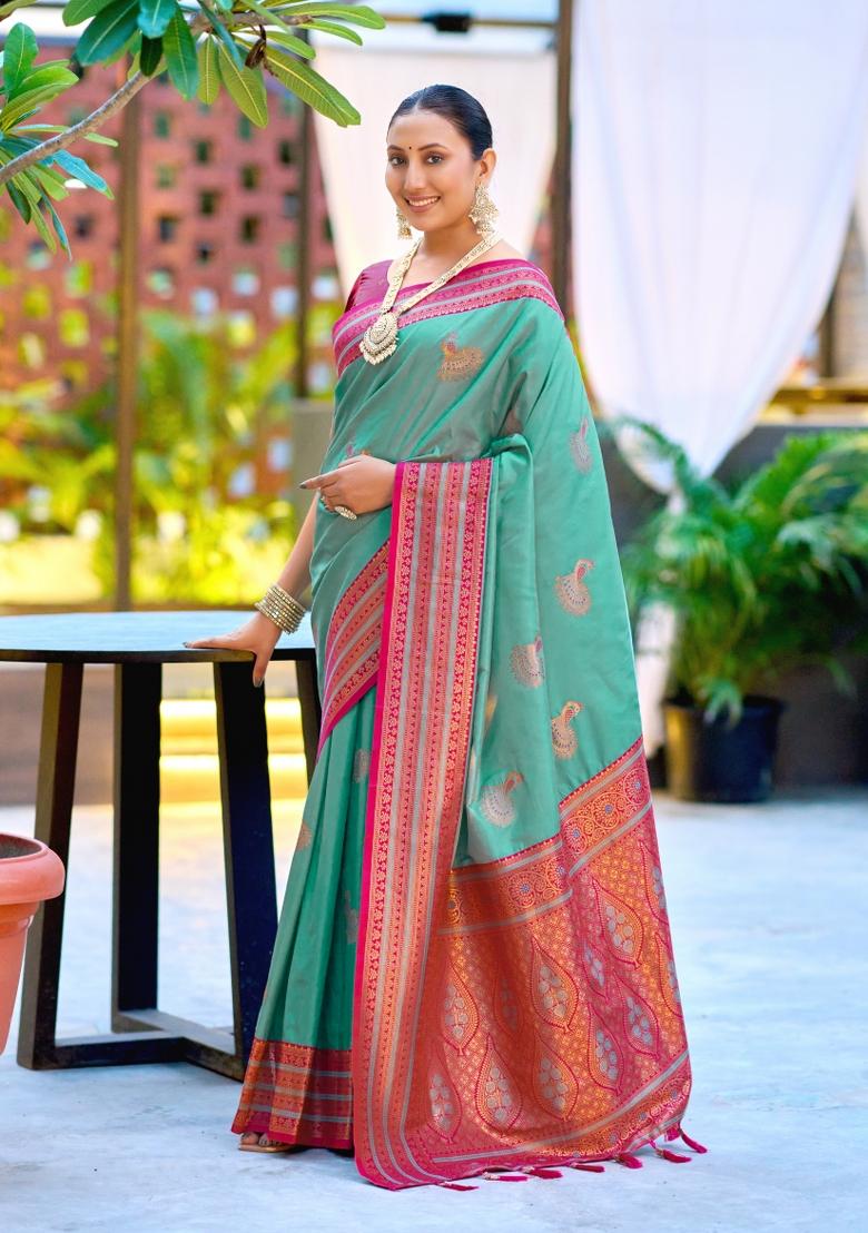 Teal Woven Design Silk Saree Set - Indya