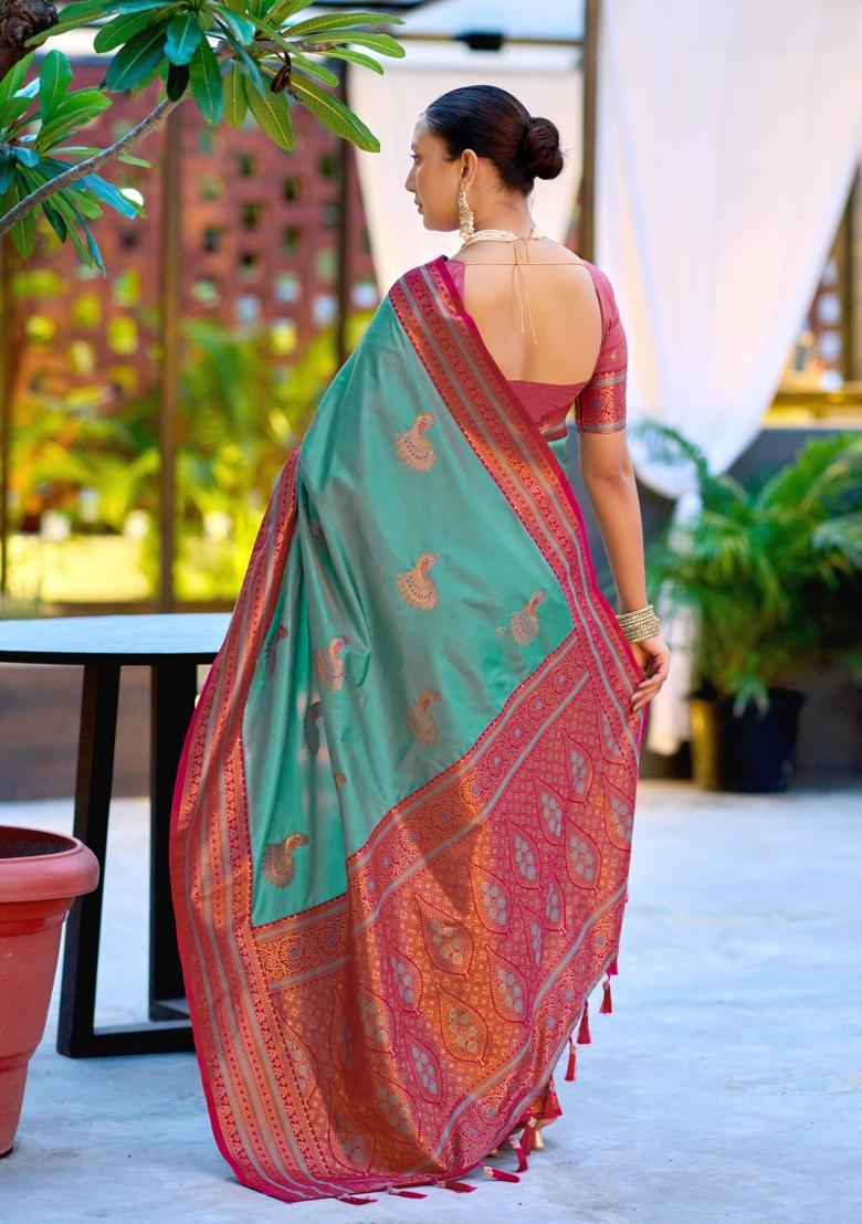 Teal Woven Design Silk Saree Set - Indya