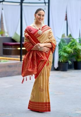 Cream Woven Design Silk Saree Set