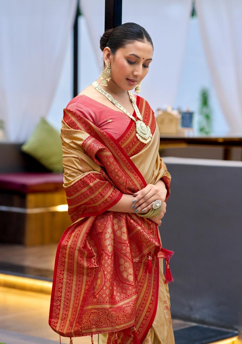 Cream Woven Design Silk Saree Set - Indya