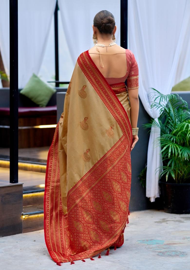 Cream Woven Design Silk Saree Set - Indya