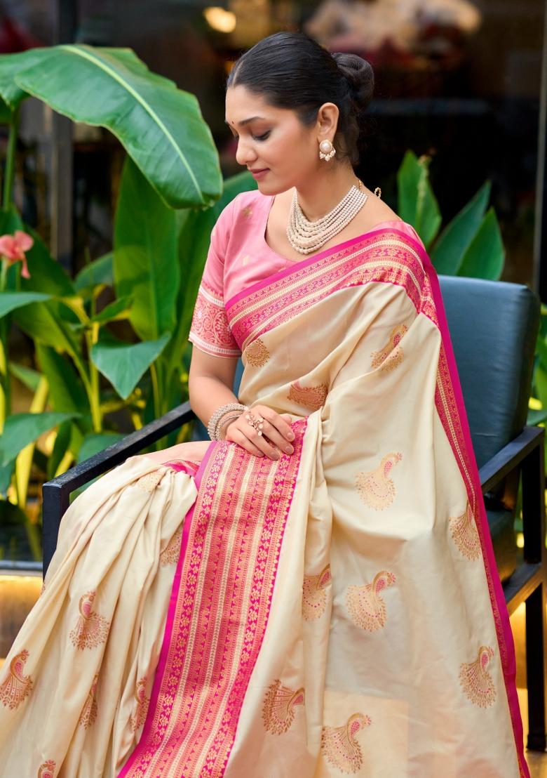 Off White Woven Design Silk Saree Set - Indya