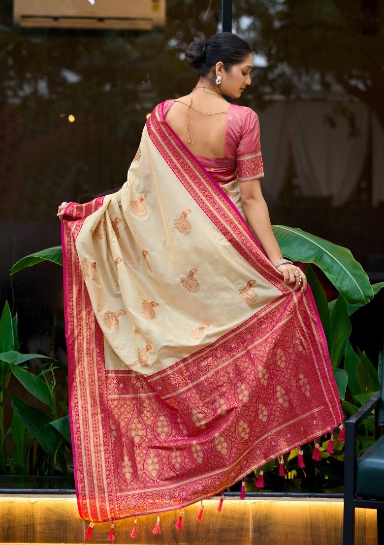 Off White Woven Design Silk Saree Set - Indya
