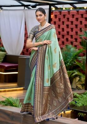 Light Green Woven Design Silk Saree Set