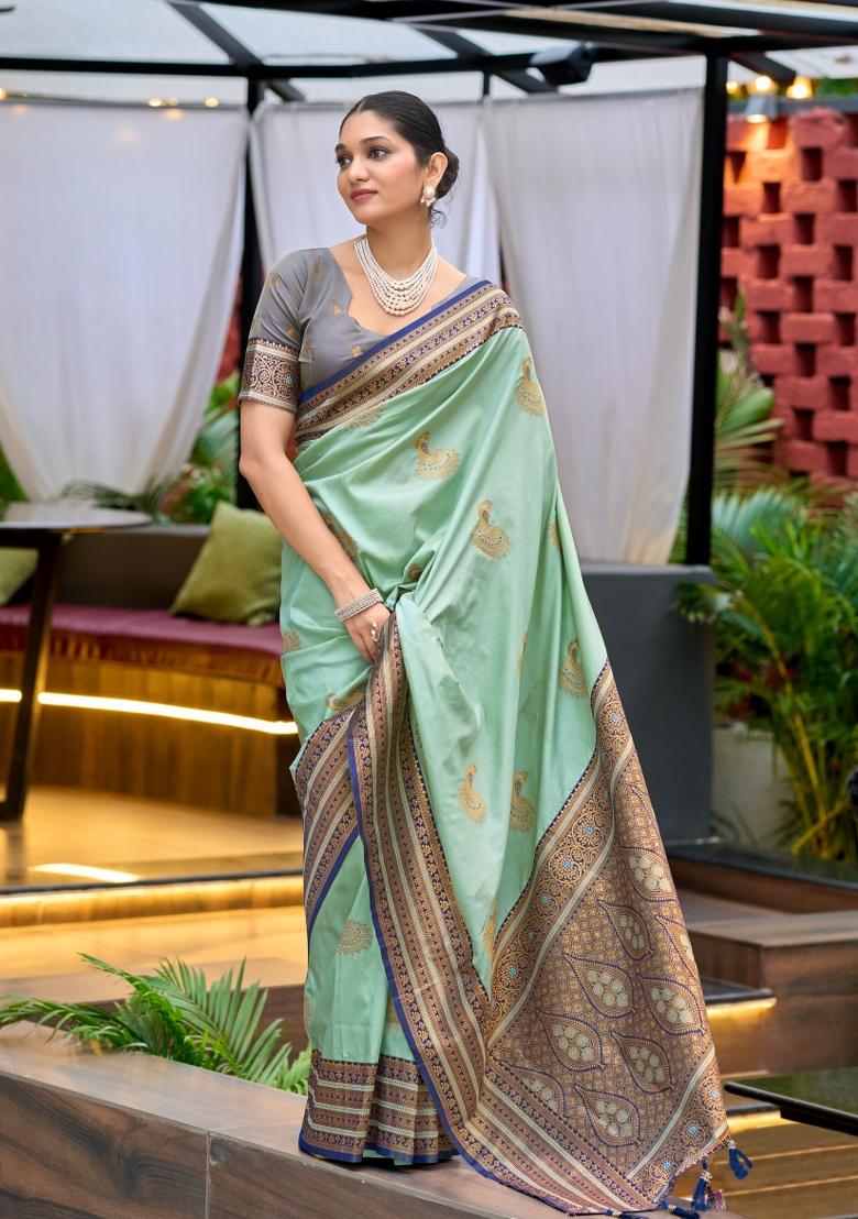 Light Green Woven Design Silk Saree Set - Indya