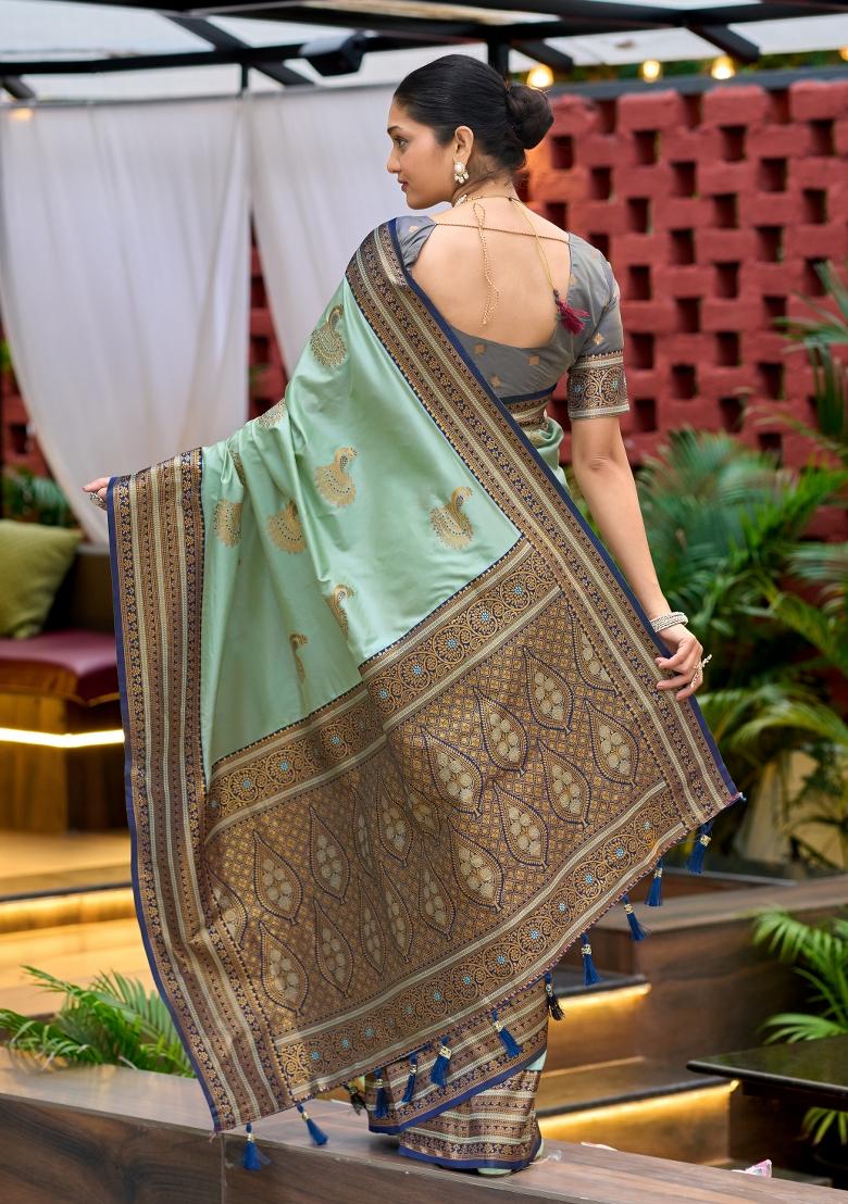 Light Green Woven Design Silk Saree Set - Indya