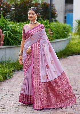 Lavender Woven Design Silk Saree Set