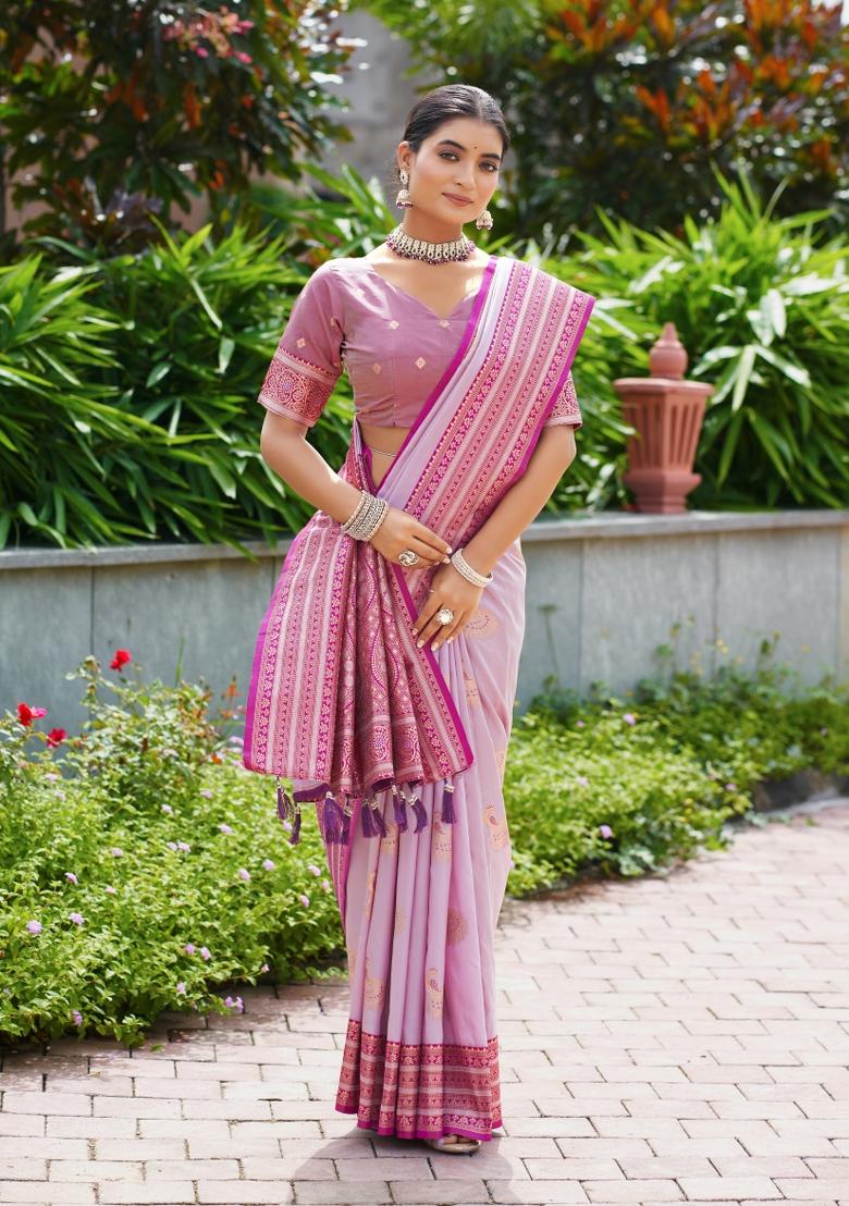 Lavender Woven Design Silk Saree Set - Indya