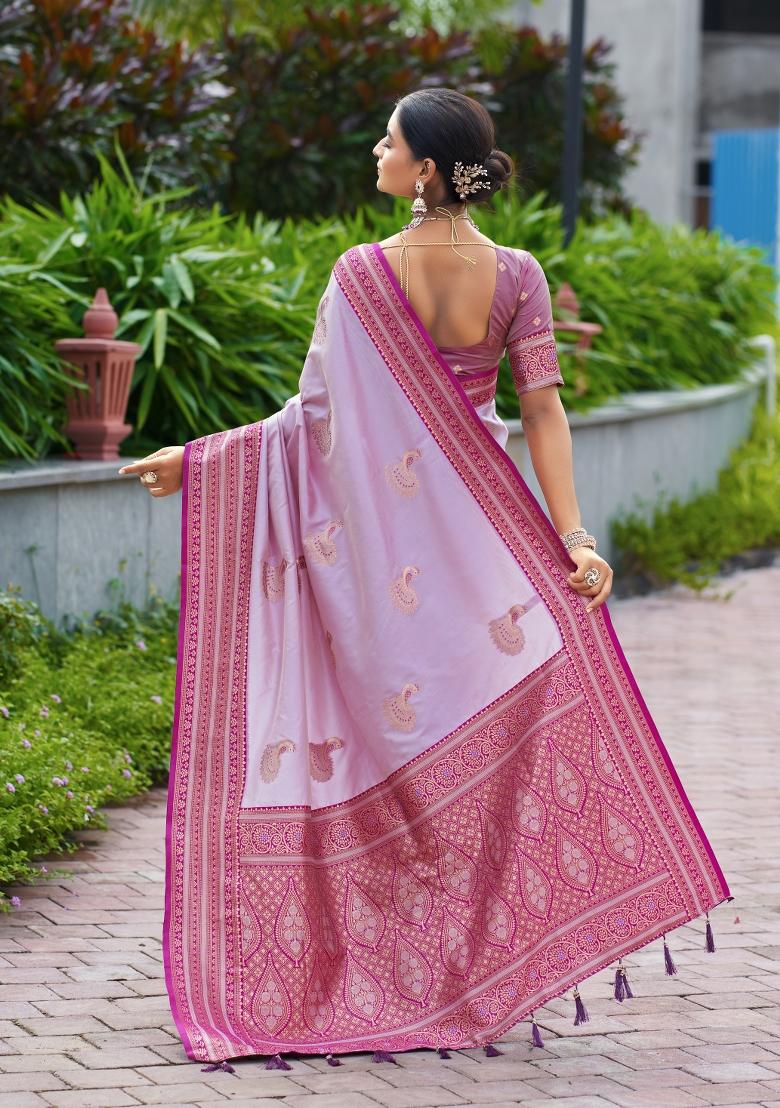 Lavender Woven Design Silk Saree Set - Indya