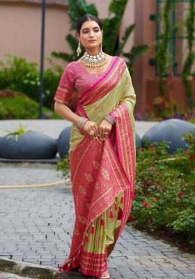 Parrot Green Woven Design Silk Saree Set