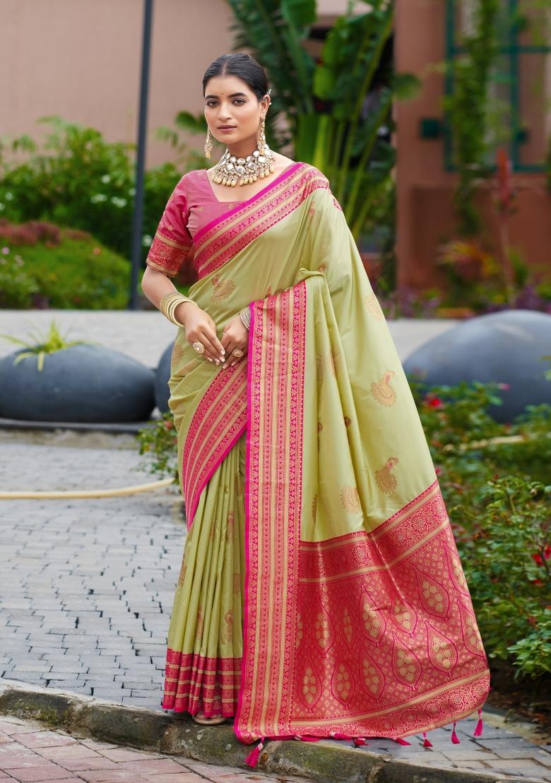 Parrot Green Woven Design Silk Saree Set - Indya