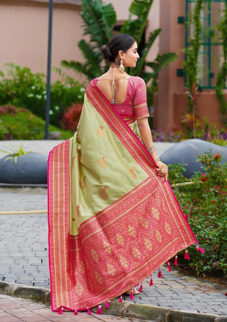 Parrot Green Woven Design Silk Saree Set - Indya