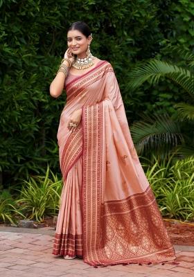 Peach Woven Design Silk Saree Set