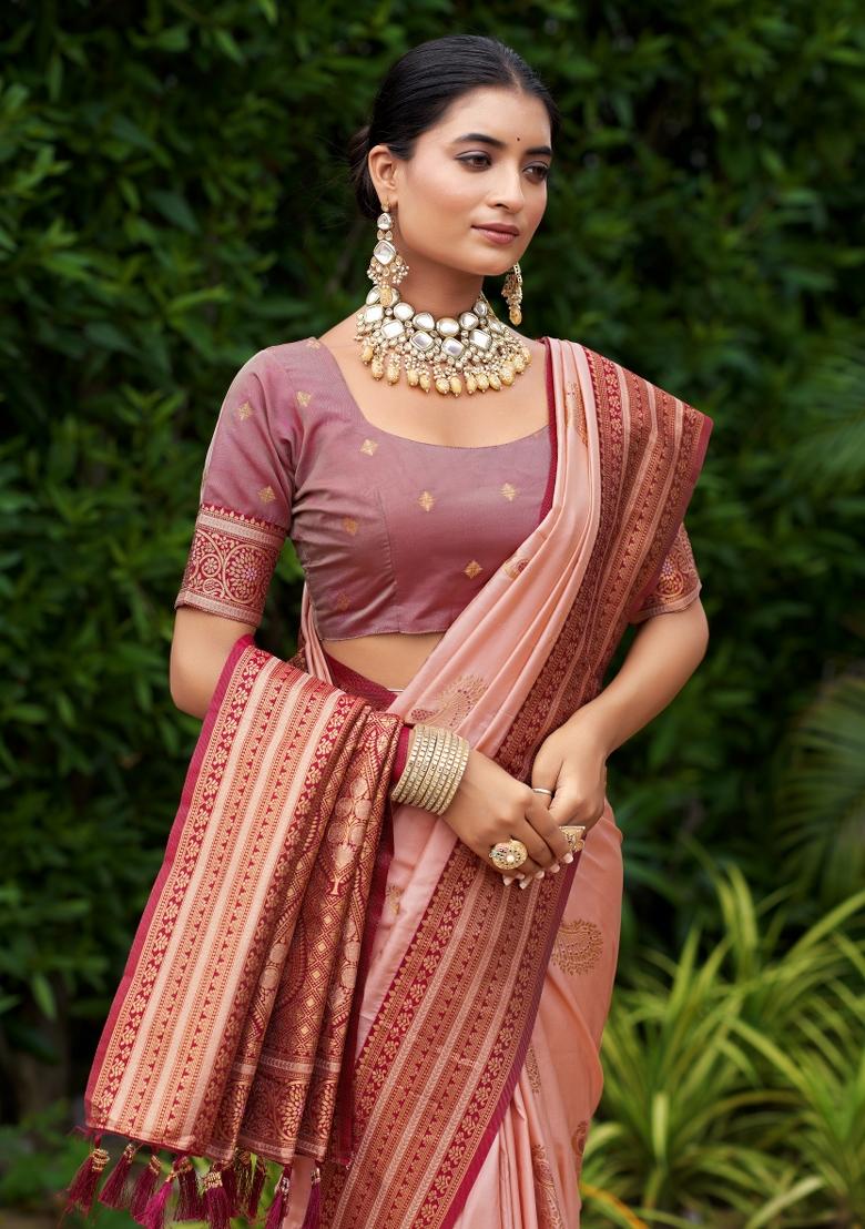 Peach Woven Design Silk Saree Set - Indya