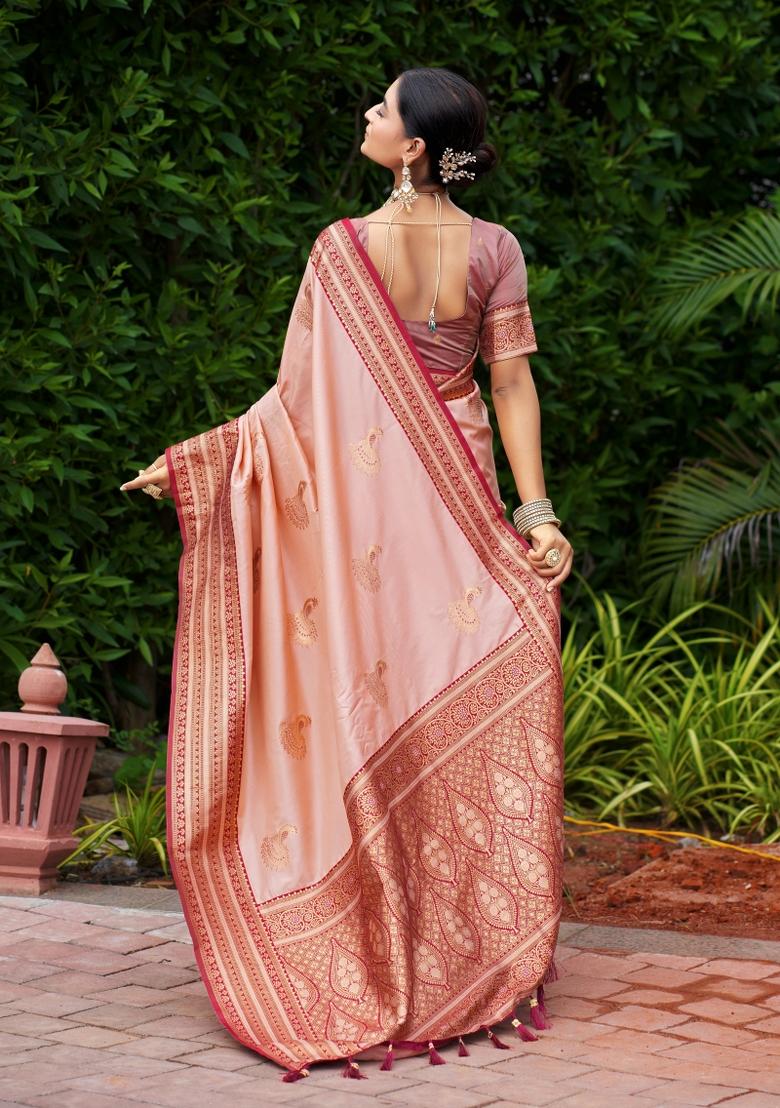 Peach Woven Design Silk Saree Set - Indya