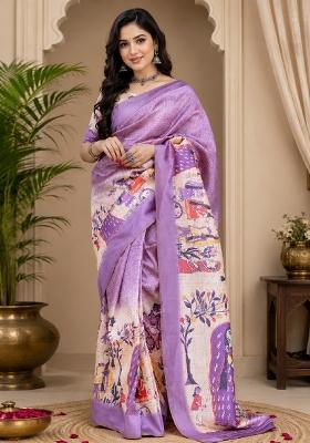 Lavender Printed Cotton Saree Set