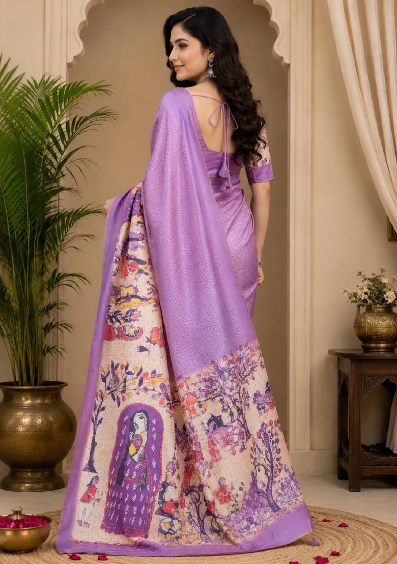 Lavender Printed Cotton Saree Set - Indya