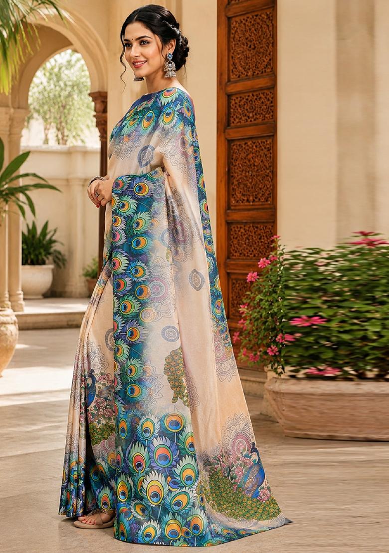 Beige Printed Cotton Saree Set - Indya