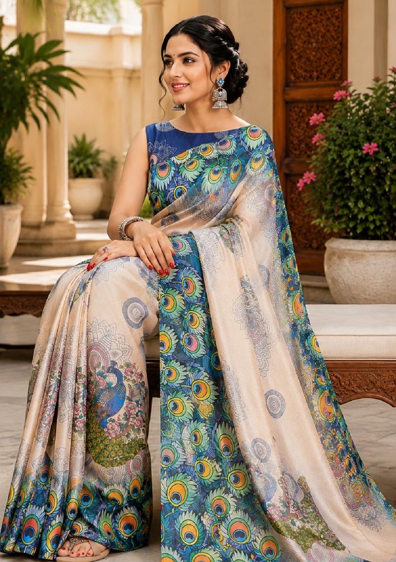 Beige Printed Cotton Saree Set - Indya