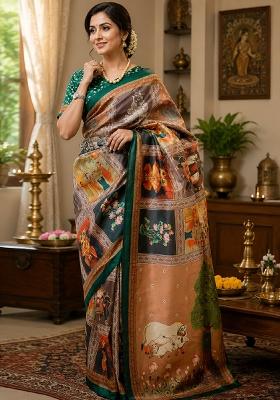 Cream Printed Cotton Saree Set