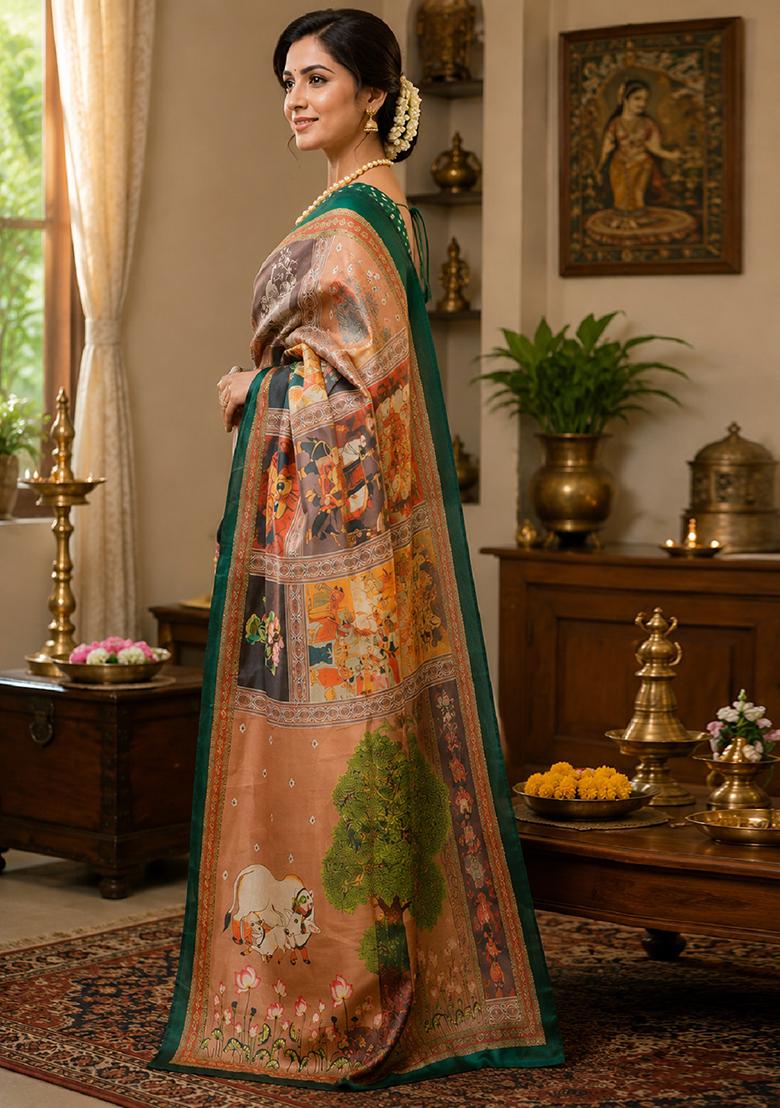 Cream Printed Cotton Saree Set - Indya