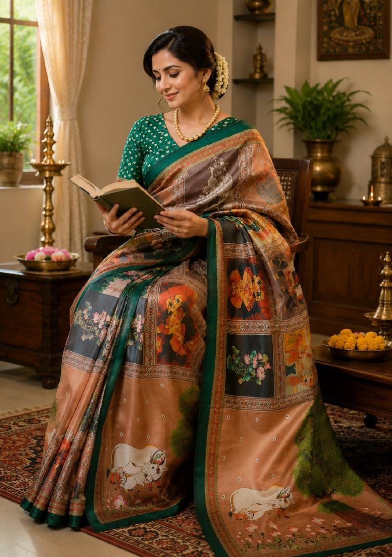 Cream Printed Cotton Saree Set - Indya