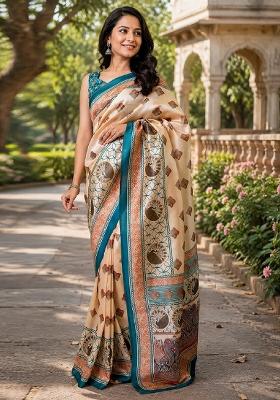 Cream Printed Cotton Saree Set