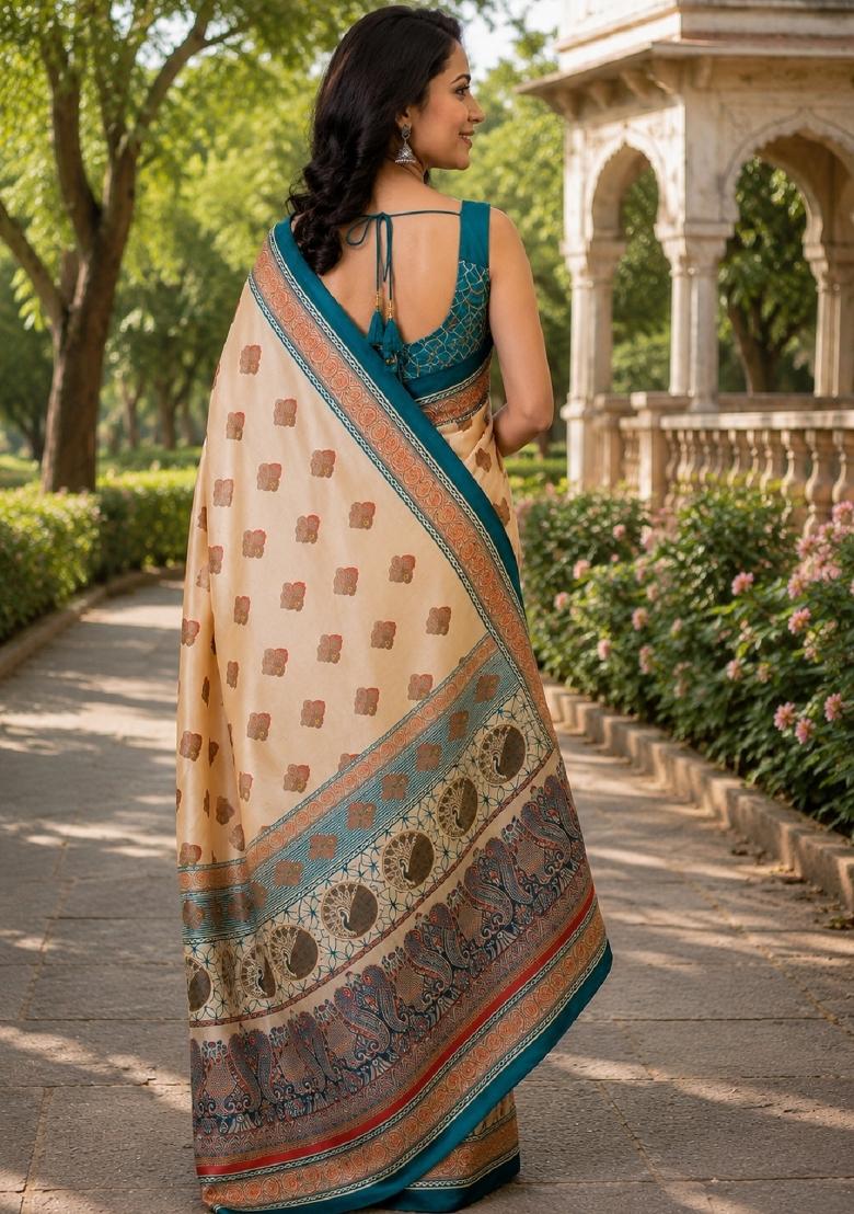 Cream Printed Cotton Saree Set - Indya