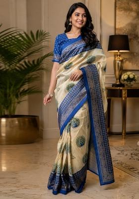 Cream Printed Cotton Saree Set