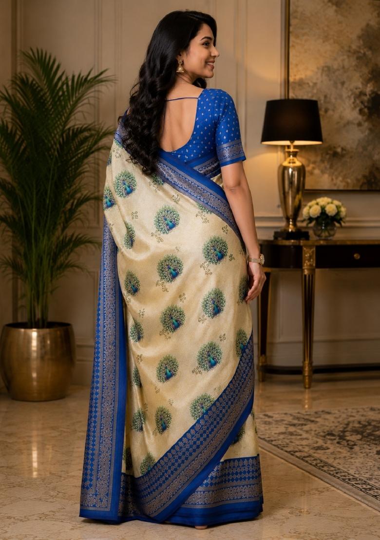 Cream Printed Cotton Saree Set - Indya