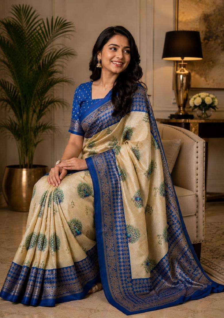 Cream Printed Cotton Saree Set - Indya